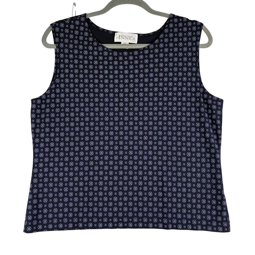 Vintage Casual Corner Annex Sleeveless Blouse Top XL Navy Y2K 90s Crop AOP